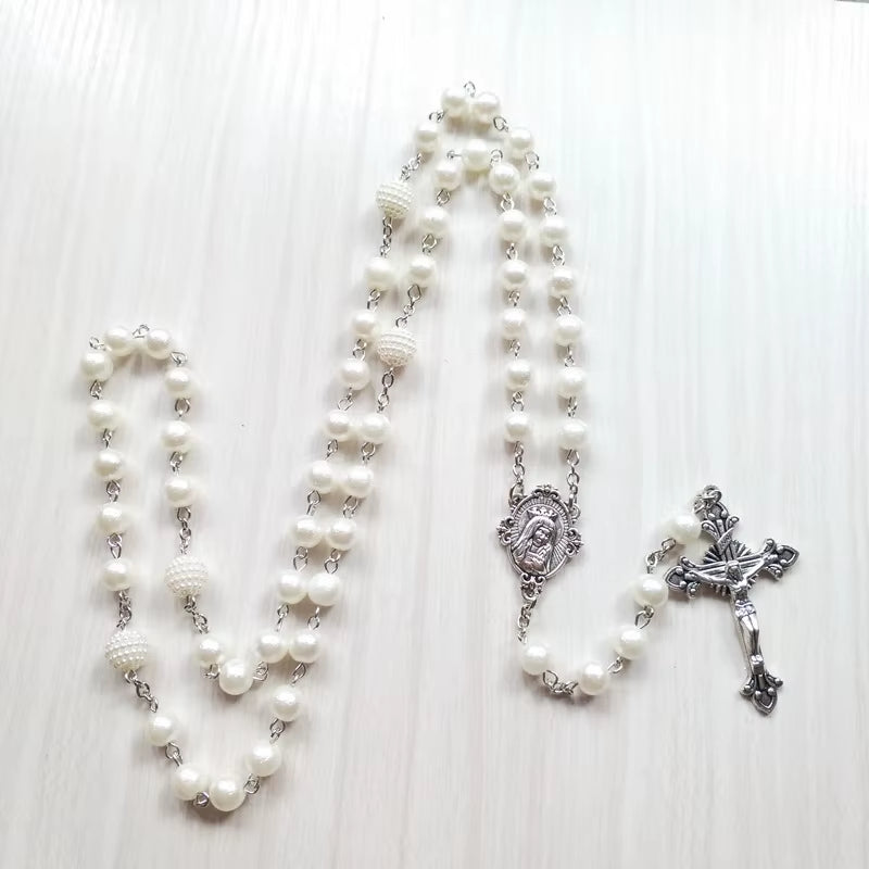 White Acrylic Pearl Long Catholic Necklace Cross Pendant Rosary Necklace Religious Jewelry