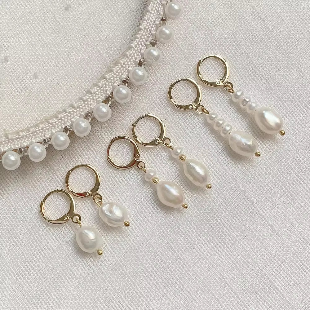 Gold Color Natural Freshwater Pearl Earrings Irregular Baroque Pearl Tassel Charm Small Loop Huggie Pearl Earring