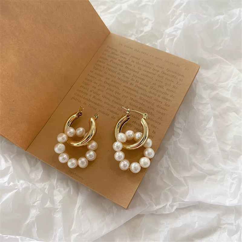 Baroque Pearl Gold Color Hoop Earrings for Women Thick Circel round Hoops Pearl Beads Ear Rings Korean 2022 Jewelry