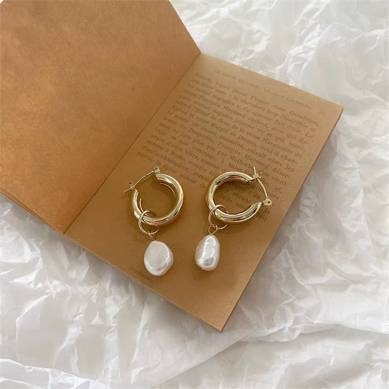 Baroque Pearl Gold Color Hoop Earrings for Women Thick Circel round Hoops Pearl Beads Ear Rings Korean 2022 Jewelry
