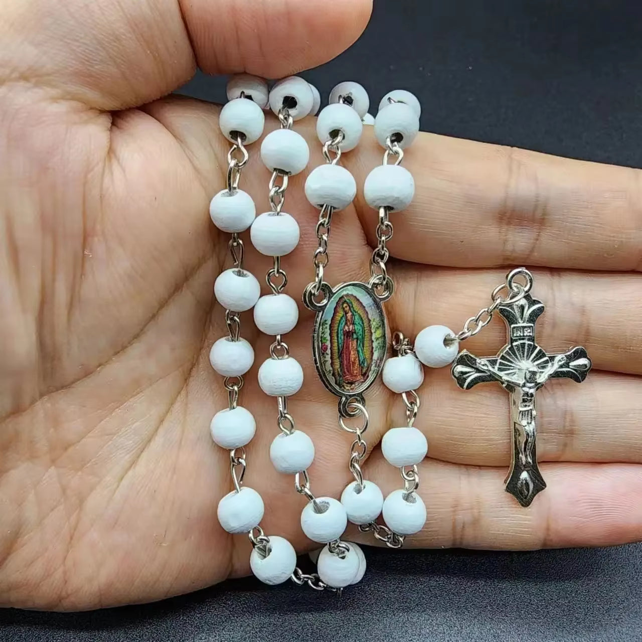 White Wooden Rosary Necklace for Women Crucifix Cross Pendant Long Chain Necklace Men Religious Catholic Prayer Jewelry
