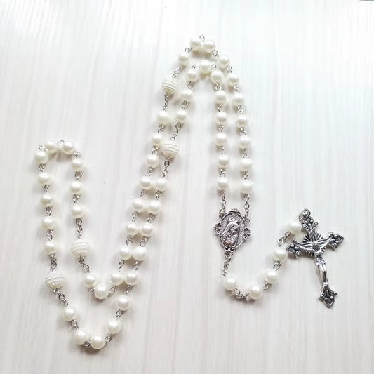 White Acrylic Pearl Long Catholic Necklace Cross Pendant Rosary Necklace Religious Jewelry