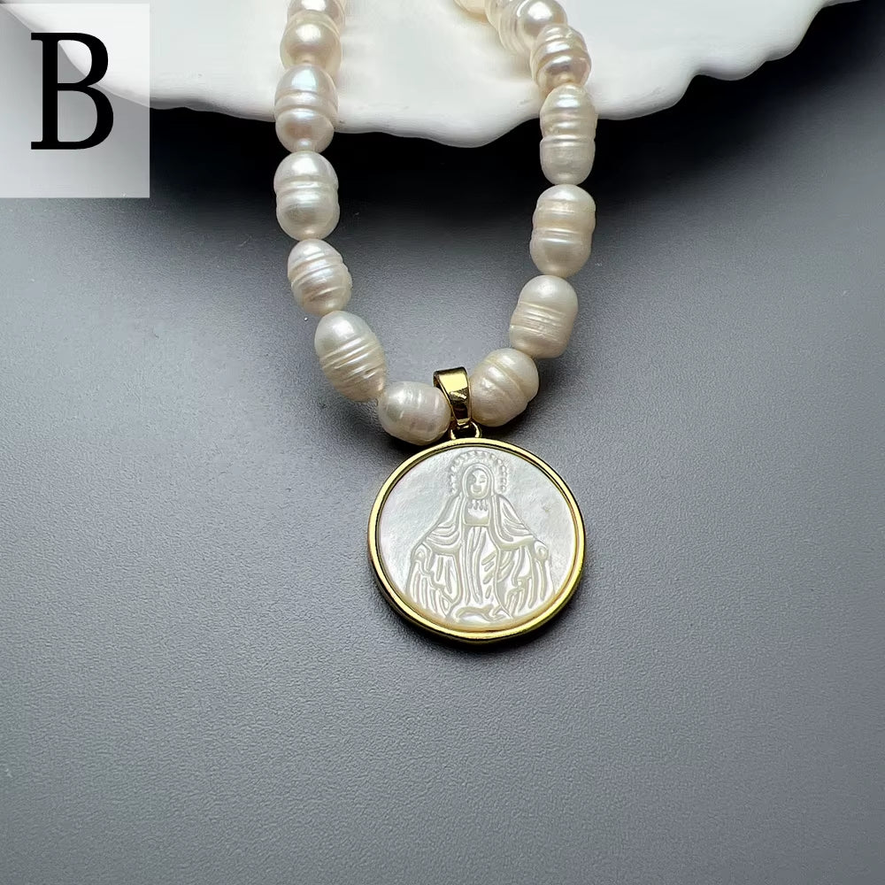 Natural Freshwater Pearl Necklace Female Jesus Sacred Heart Virgin Mary Guadalupe Pendant Choker for Women Luxury Jewelry Gifts