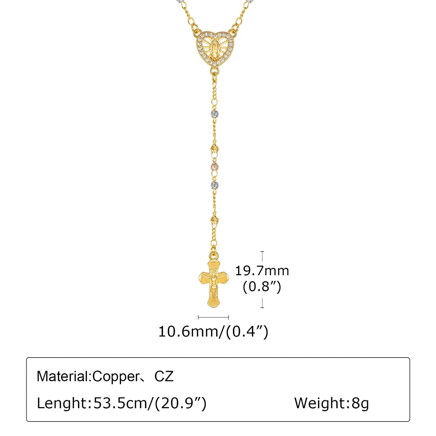 Virgin Mary Heart Rosary Necklaces for Women Men, Gold Plated Cross Prayer Collar, Long Sweater Chain Necklace