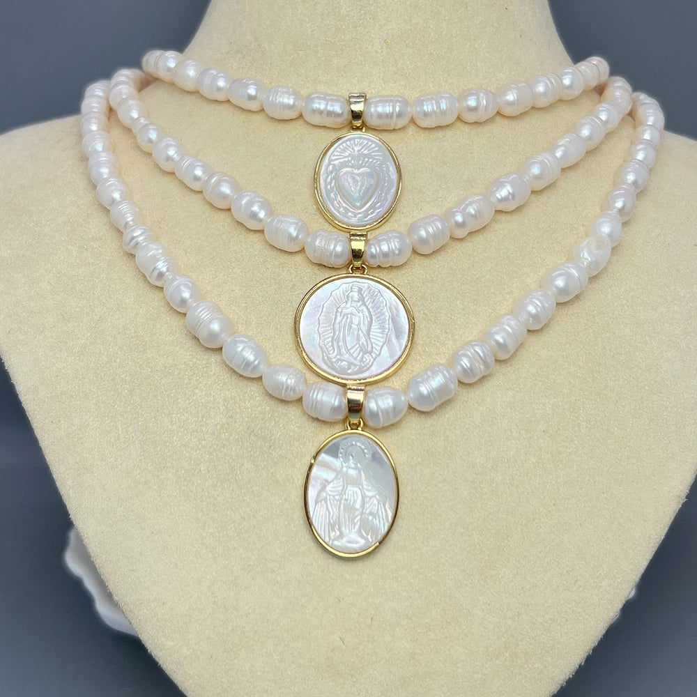 Natural Freshwater Pearl Necklace Female Jesus Sacred Heart Virgin Mary Guadalupe Pendant Choker for Women Luxury Jewelry Gifts