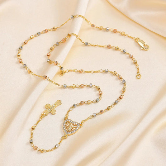 Virgin Mary Heart Rosary Necklaces for Women Men, Gold Plated Cross Prayer Collar, Long Sweater Chain Necklace
