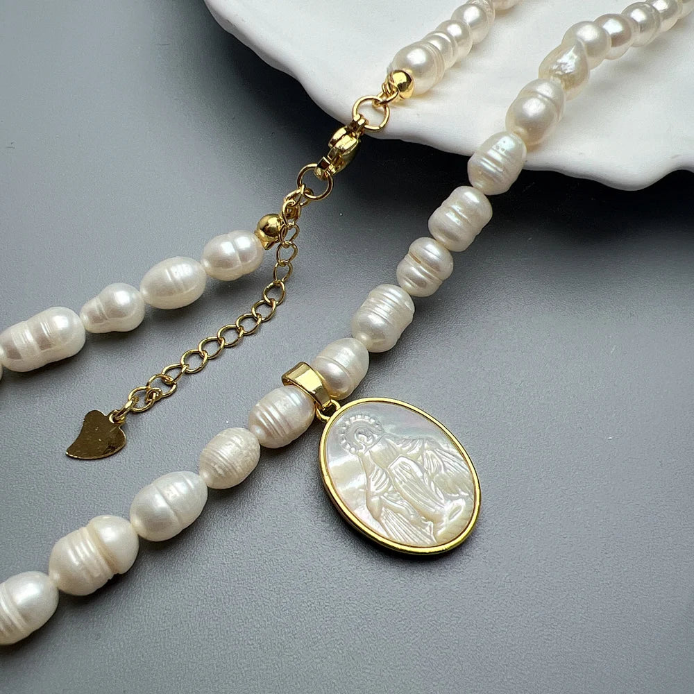 Natural Freshwater Pearl Necklace Female Jesus Sacred Heart Virgin Mary Guadalupe Pendant Choker for Women Luxury Jewelry Gifts