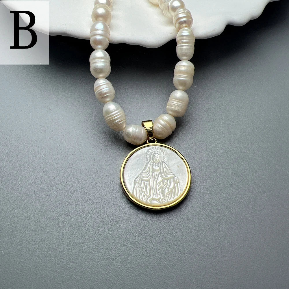 Natural Freshwater Pearl Necklace Female Jesus Sacred Heart Virgin Mary Guadalupe Pendant Choker for Women Luxury Jewelry Gifts
