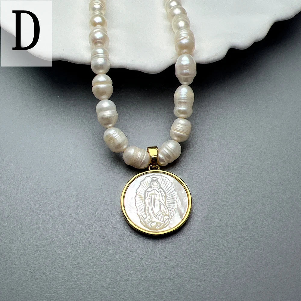 Natural Freshwater Pearl Necklace Female Jesus Sacred Heart Virgin Mary Guadalupe Pendant Choker for Women Luxury Jewelry Gifts