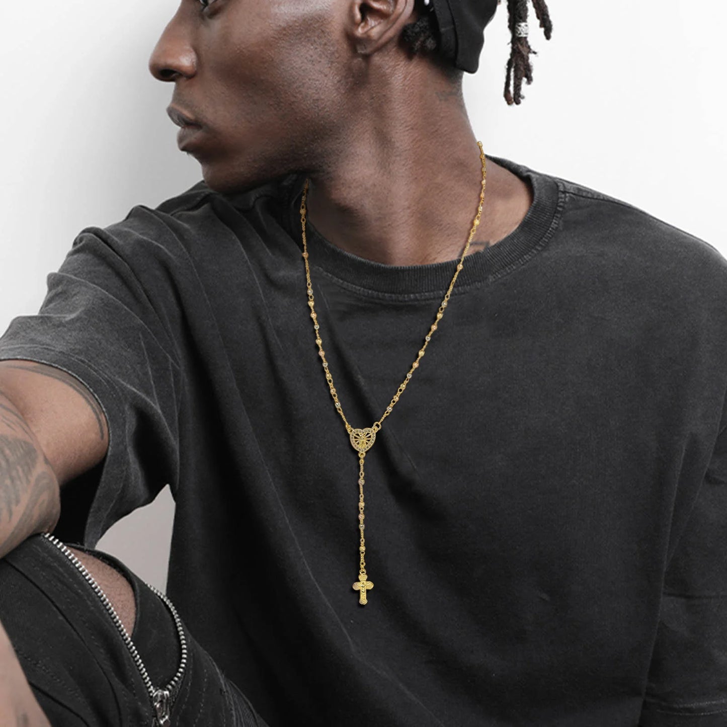 Virgin Mary Heart Rosary Necklaces for Women Men, Gold Plated Cross Prayer Collar, Long Sweater Chain Necklace