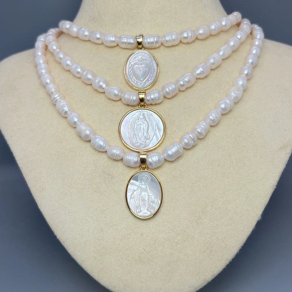 Natural Freshwater Pearl Necklace Female Jesus Sacred Heart Virgin Mary Guadalupe Pendant Choker for Women Luxury Jewelry Gifts