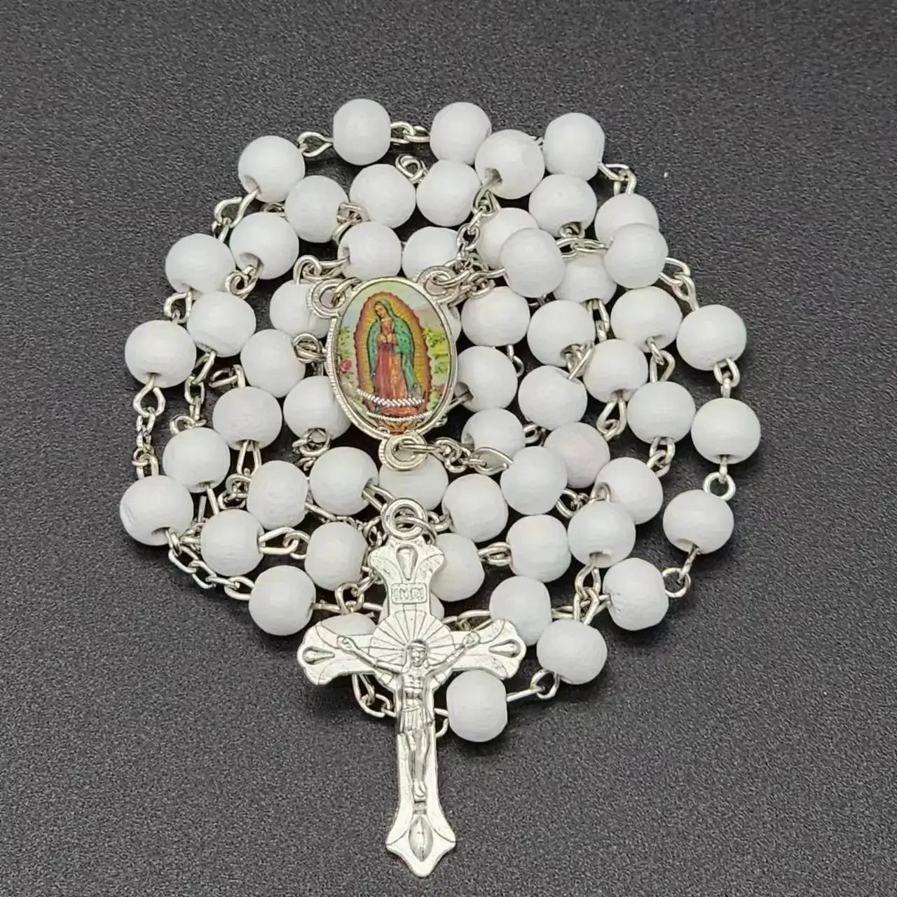 White Wooden Rosary Necklace for Women Crucifix Cross Pendant Long Chain Necklace Men Religious Catholic Prayer Jewelry