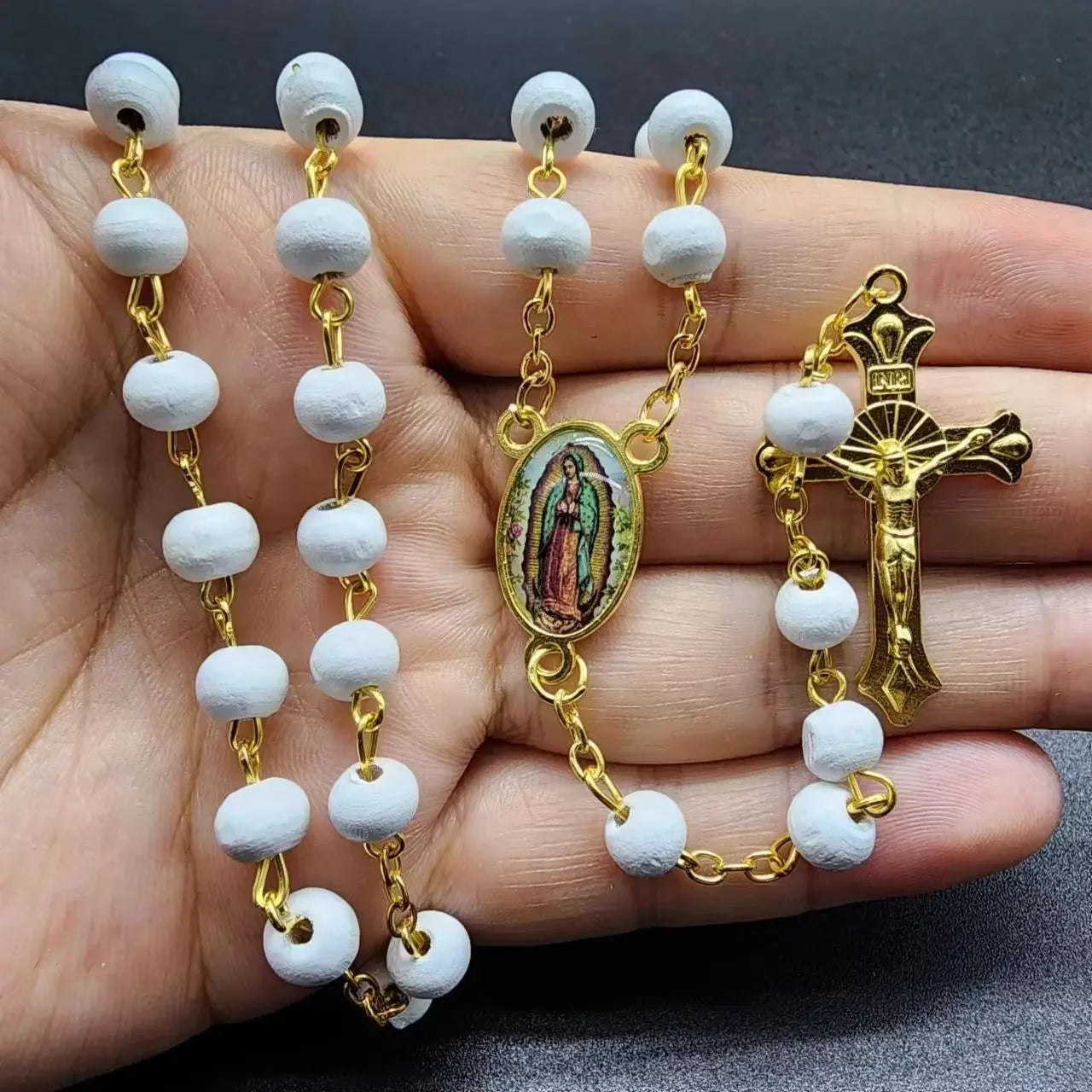 White Wooden Rosary Necklace for Women Crucifix Cross Pendant Long Chain Necklace Men Religious Catholic Prayer Jewelry