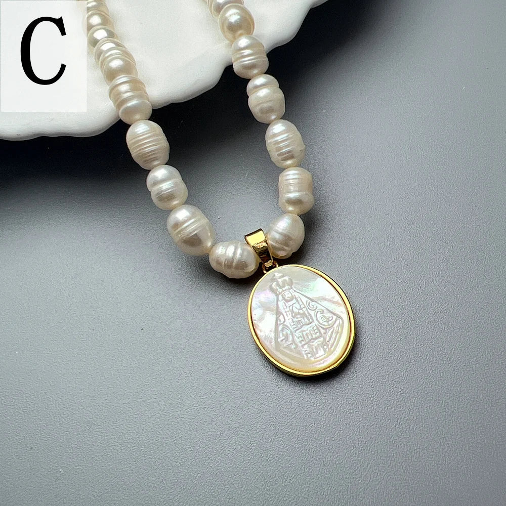 Natural Freshwater Pearl Necklace Female Jesus Sacred Heart Virgin Mary Guadalupe Pendant Choker for Women Luxury Jewelry Gifts