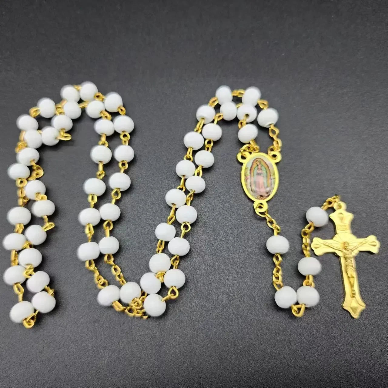 White Wooden Rosary Necklace for Women Crucifix Cross Pendant Long Chain Necklace Men Religious Catholic Prayer Jewelry