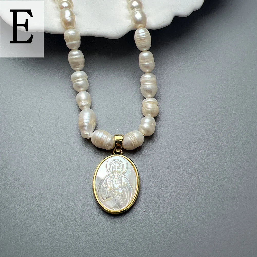 Natural Freshwater Pearl Necklace Female Jesus Sacred Heart Virgin Mary Guadalupe Pendant Choker for Women Luxury Jewelry Gifts