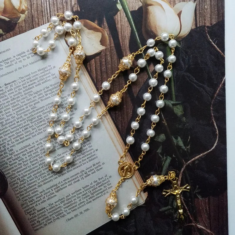 White Glass Pearl Rosary Necklace Crucifix Pendant Necklace for Women Catholic Jewelry