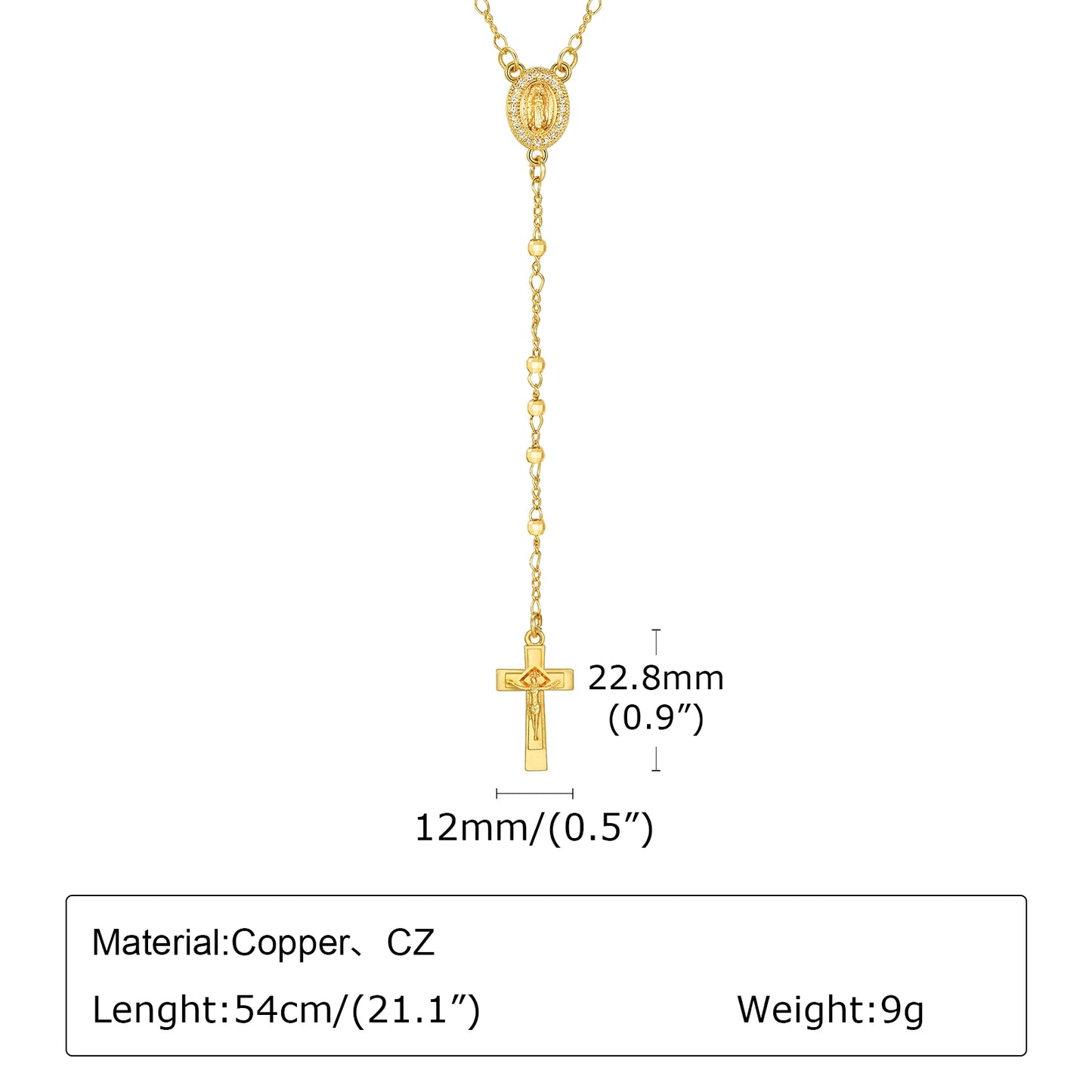 Virgin Mary Heart Rosary Necklaces for Women Men, Gold Plated Cross Prayer Collar, Long Sweater Chain Necklace