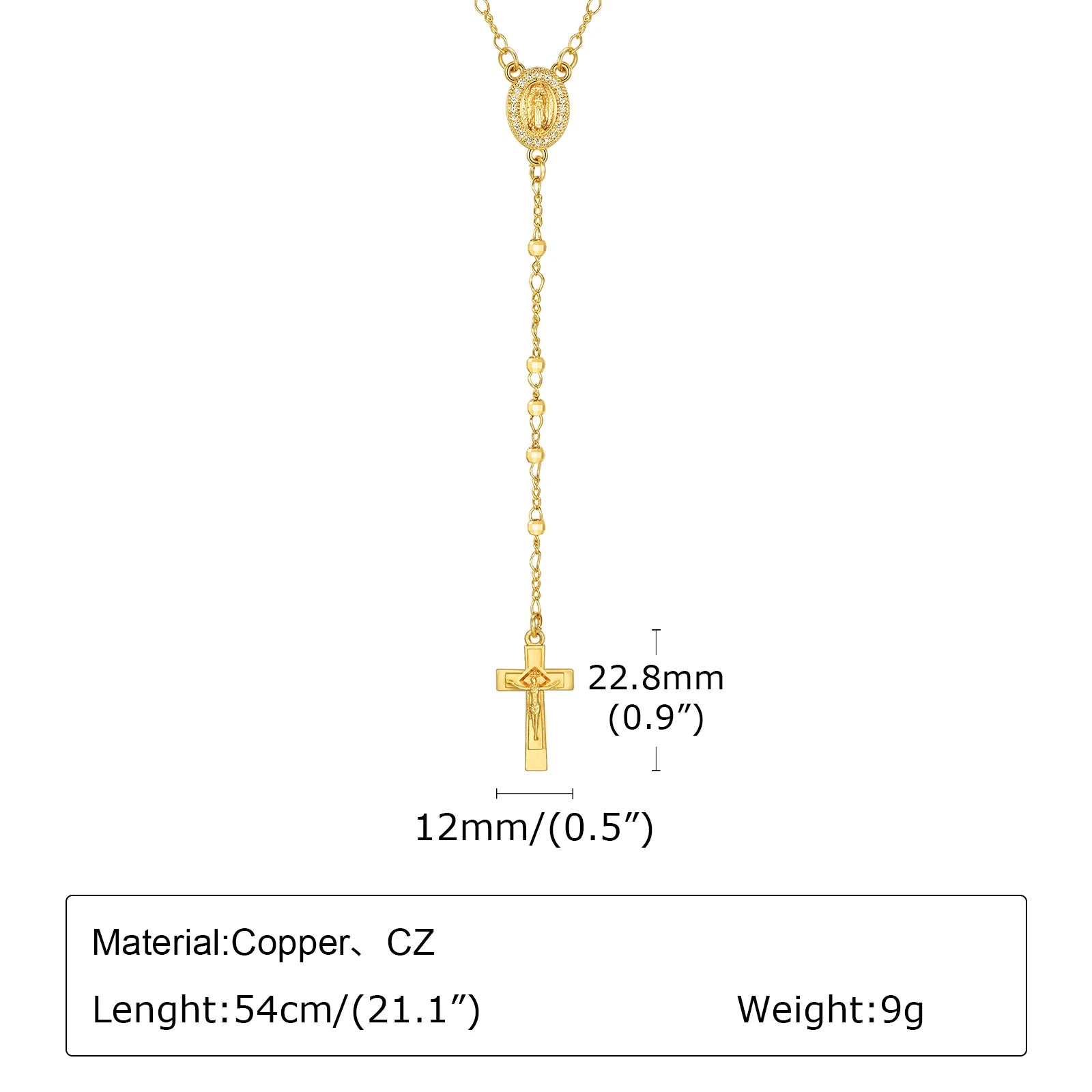 Virgin Mary Heart Rosary Necklaces for Women Men, Gold Plated Cross Prayer Collar, Long Sweater Chain Necklace