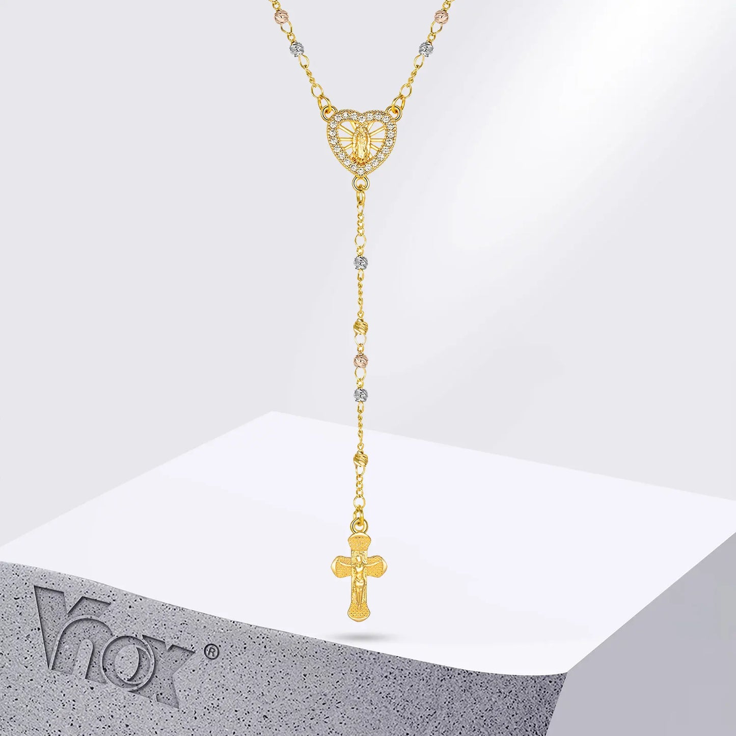Virgin Mary Heart Rosary Necklaces for Women Men, Gold Plated Cross Prayer Collar, Long Sweater Chain Necklace
