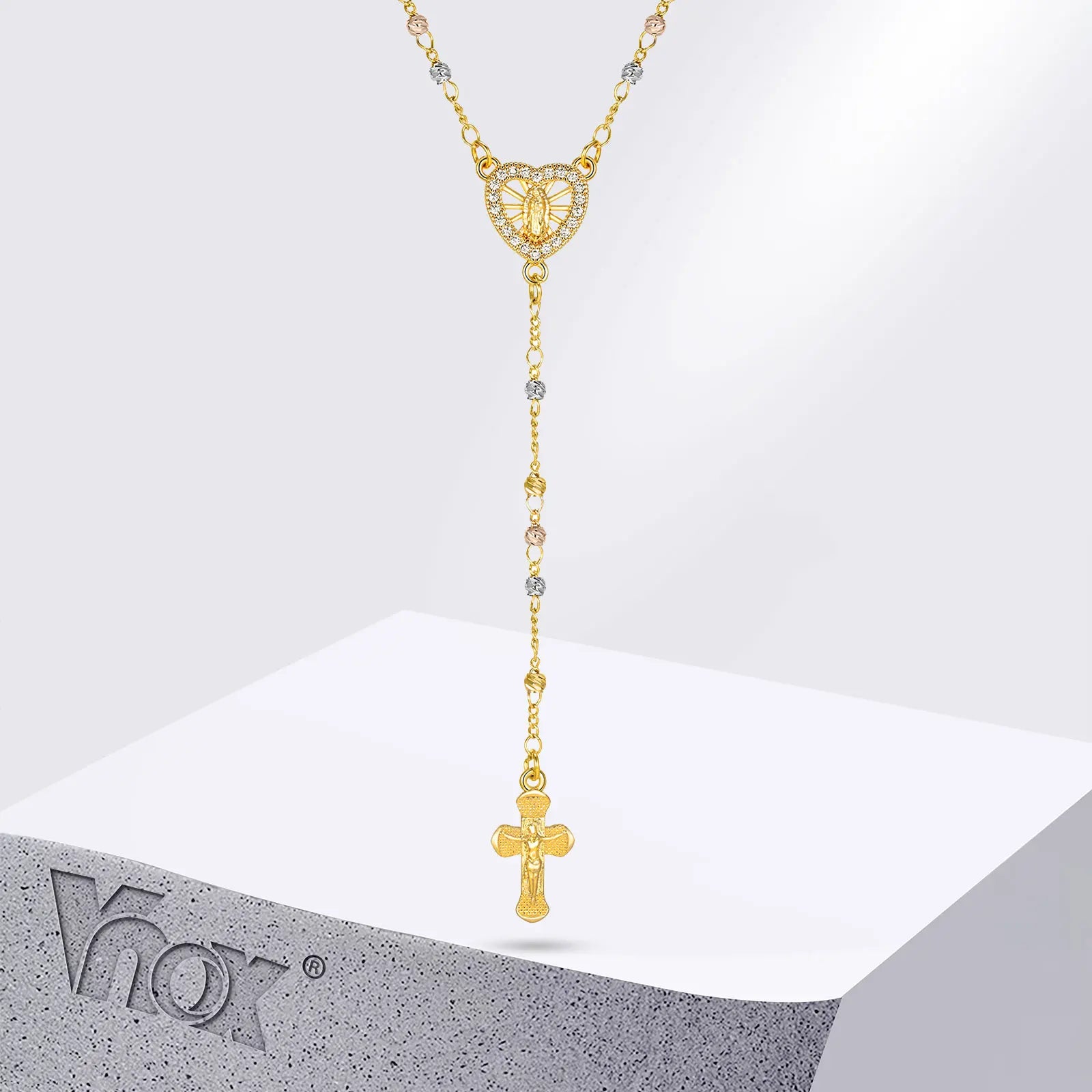 Virgin Mary Heart Rosary Necklaces for Women Men, Gold Plated Cross Prayer Collar, Long Sweater Chain Necklace