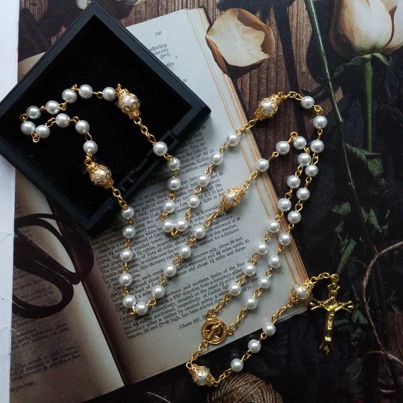 White Glass Pearl Rosary Necklace Crucifix Pendant Necklace for Women Catholic Jewelry