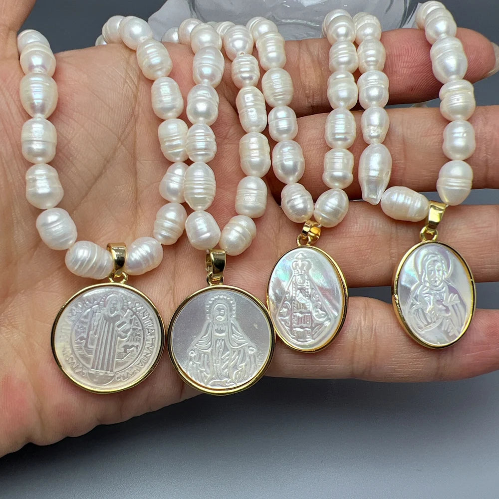Natural Freshwater Pearl Necklace Female Jesus Sacred Heart Virgin Mary Guadalupe Pendant Choker for Women Luxury Jewelry Gifts