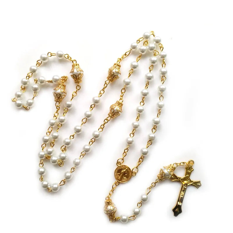 White Glass Pearl Rosary Necklace Crucifix Pendant Necklace for Women Catholic Jewelry