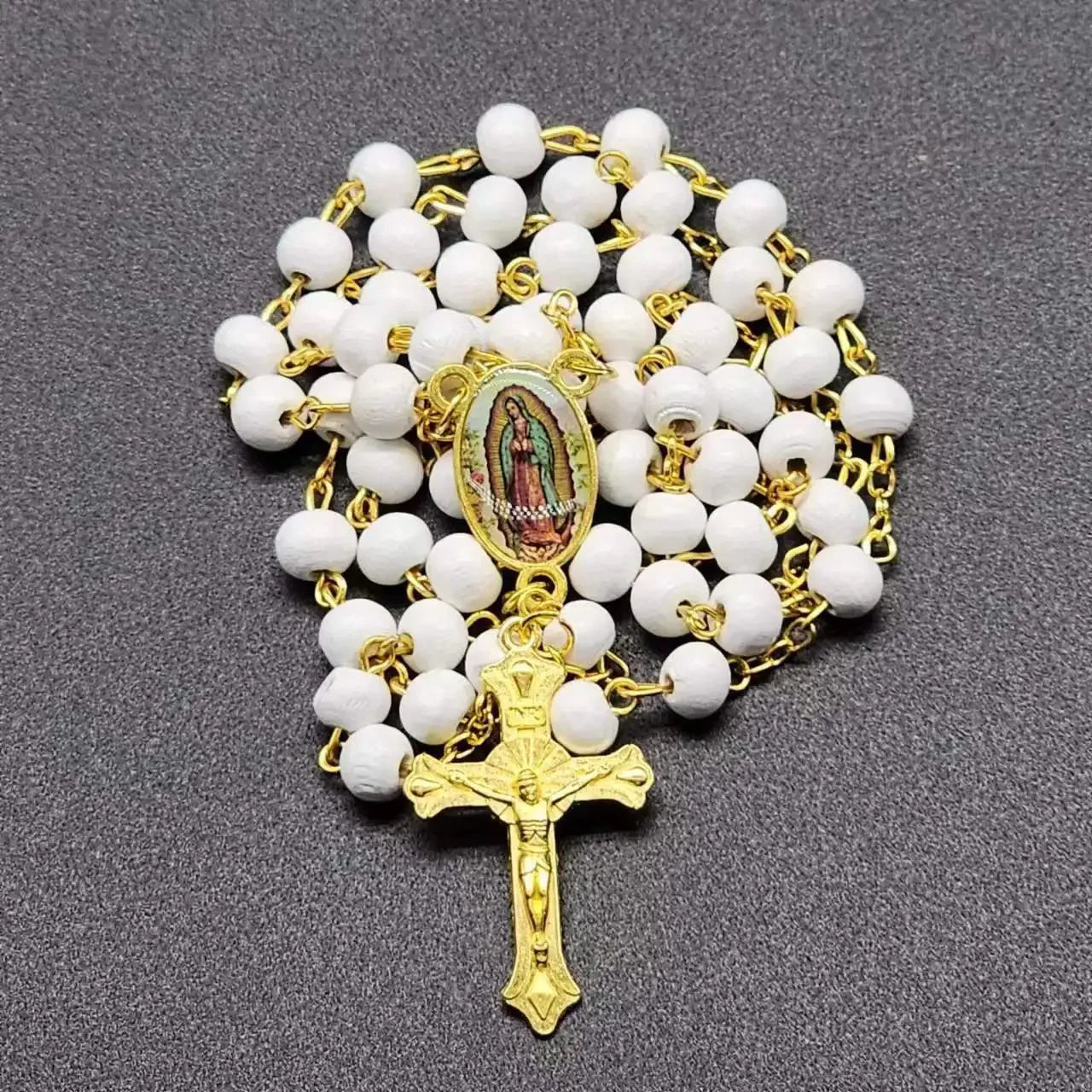White Wooden Rosary Necklace for Women Crucifix Cross Pendant Long Chain Necklace Men Religious Catholic Prayer Jewelry