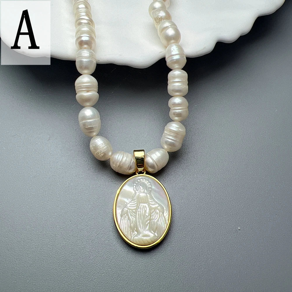 Natural Freshwater Pearl Necklace Female Jesus Sacred Heart Virgin Mary Guadalupe Pendant Choker for Women Luxury Jewelry Gifts