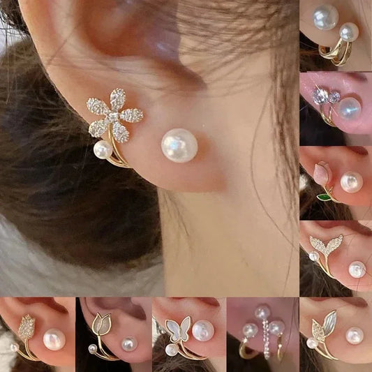 Korean Vintage Imitate Pearl Crystal Earrings for Women Jewelry High-Class Luxury Zircon Flower Butterfly Leaf Stud Earrings