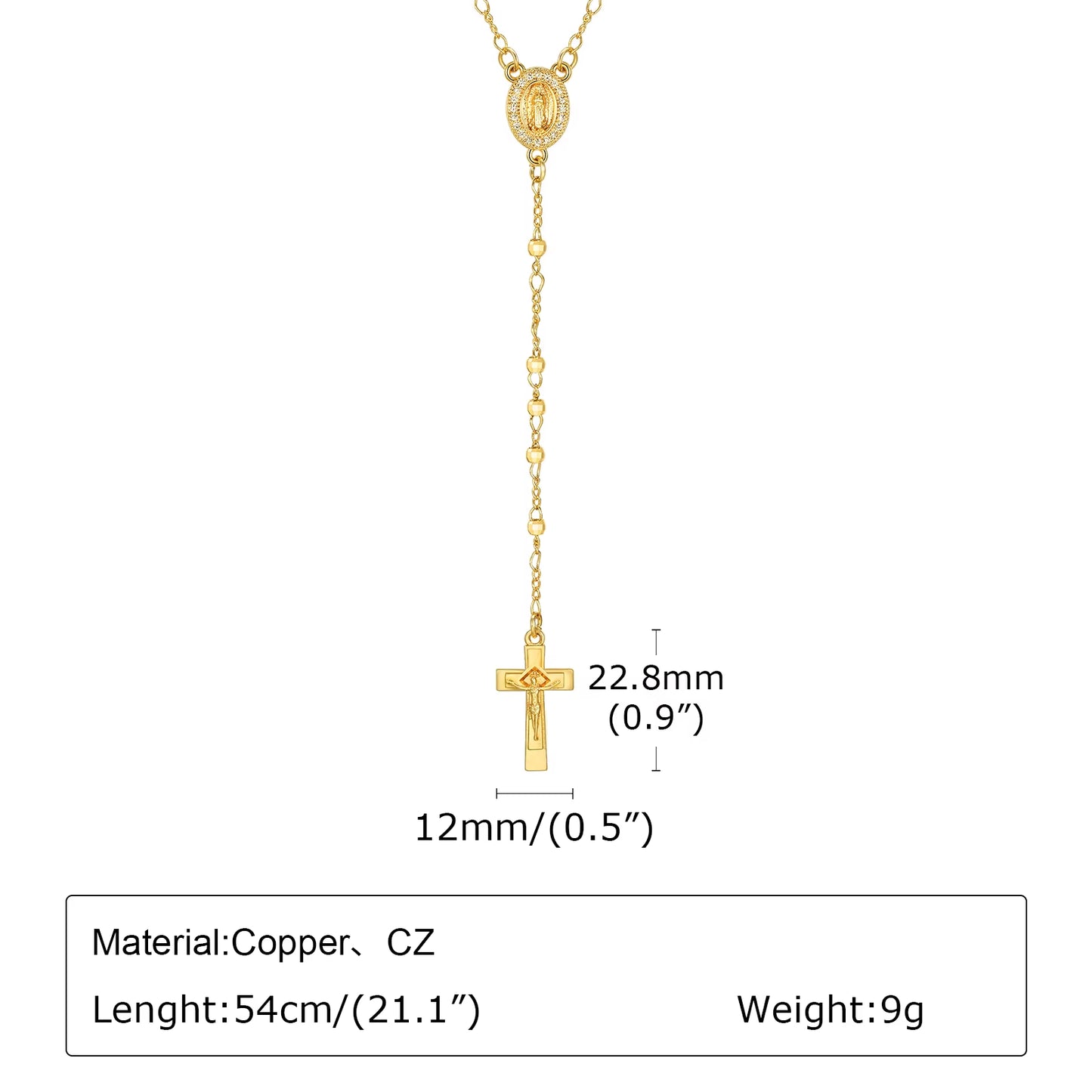 Virgin Mary Heart Rosary Necklaces for Women Men, Gold Plated Cross Prayer Collar, Long Sweater Chain Necklace