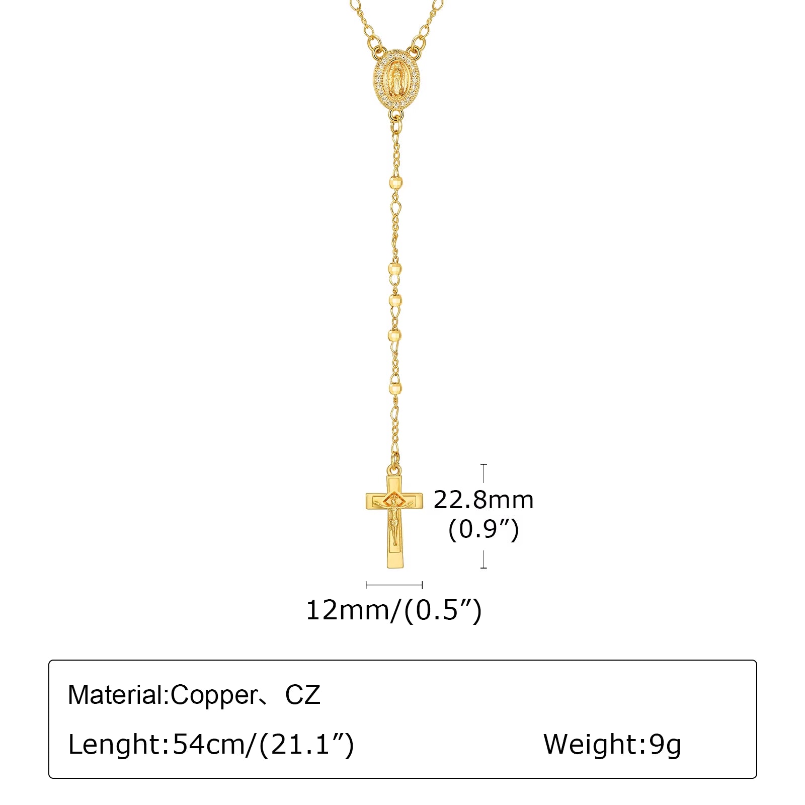Virgin Mary Heart Rosary Necklaces for Women Men, Gold Plated Cross Prayer Collar, Long Sweater Chain Necklace